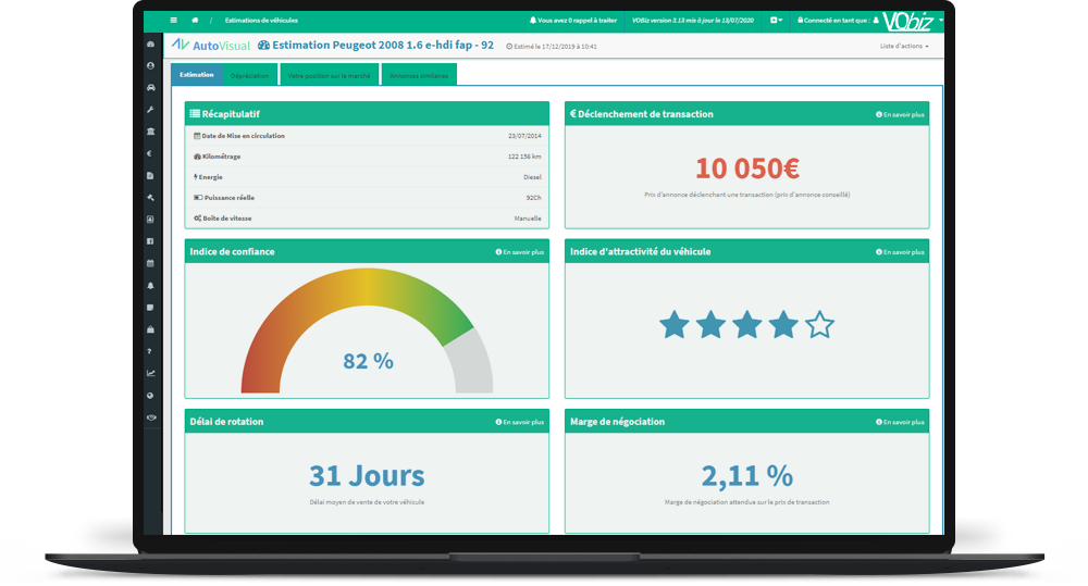 Aperçu du logiciel VObiz montrant une estimation de véhicules